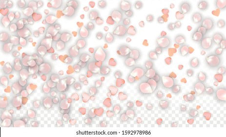 Vector Realistic Petals and Hearts Confetti. Flying Sakura and Hearts on Transparent Background. Women's Day Background. Spring Romance Banner. Vector Illustration for Honeymoon Design.