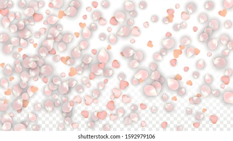 Vector Realistic Petals and Hearts Confetti. Flying Sakura and Hearts on Transparent Background. Women's Day Background. Spring Romance Banner. Vector Illustration for Honeymoon Design.