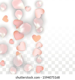 Vector Realistic Petals and Hearts Confetti. Flying Sakura and Hearts on Transparent Background. Wedding Invitation Background. Spring Romance Border. Vector Illustration for Anniversary Design.