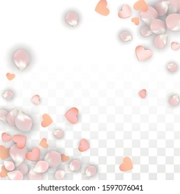 Vector Realistic Petals and Hearts Confetti. Flying Sakura and Hearts on Transparent Background. 8 March Background. Spring Romance Design. Vector Illustration for Honeymoon Design.