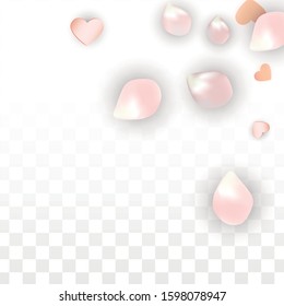 Vector Realistic Petals and Hearts Confetti. Flying Sakura and Hearts on Transparent Background. St. Valentine Day Background. Spring Romance Card. Vector Illustration for Honeymoon Design.