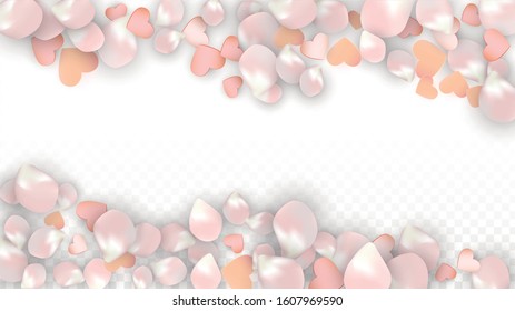Vector Realistic Petals and Hearts Confetti. Flying Sakura and Hearts on Transparent Background. St. Valentine Day Background. Spring Romance Poster. Vector Illustration for Honeymoon Design.