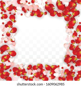 Vector Realistic Petals and Hearts Confetti. Flying Rose and Hearts on Transparent Background. Mother Day Background. Spring Romance Design. Illustration in Pink for Honeymoon Decoration.