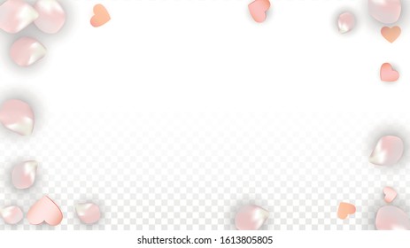 Vector Realistic Petals and Hearts Confetti. Flying Sakura and Hearts on Transparent Background. St. Valentine Day Background. Spring Romance Flyer. Vector Illustration for Honeymoon Design.