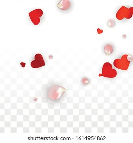 Vector Realistic Petals and Hearts Confetti. Flying Rose and Hearts on Transparent Background. St. Valentine Day Background. Spring Romance Flyer. Illustration in Pink for Honeymoon Decoration.