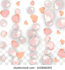 Vector Realistic Petals and Hearts Confetti. Flying Sakura and Hearts on Transparent Background. 8 March Background. Spring Romance Flyer. Vector Illustration for Amour Design.