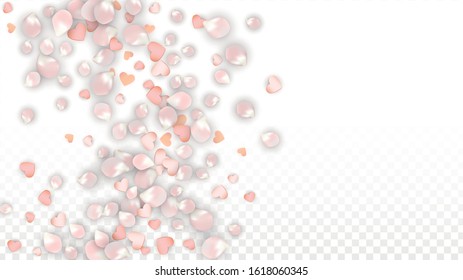 Vector Realistic Petals and Hearts Confetti. Flying Sakura and Hearts on Transparent Background. Mother Day Background. Spring Romance Design. Vector Illustration for Anniversary Design.