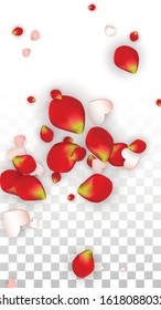 Vector Realistic Petals and Hearts Confetti. Flying Rose and Hearts on Transparent Background. Women's Day Background. Spring Romance Card. Illustration in Pink for Honeymoon Decoration.