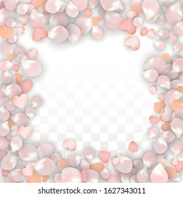 Vector Realistic Petals and Hearts Confetti. Flying Sakura and Hearts on Transparent Background. Women's Day Background. Spring Romance Flyer. Vector Illustration for Amour Design.