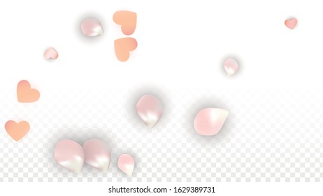 Vector Realistic Petals and Hearts Confetti. Flying Sakura and Hearts on Transparent Background. Romantic Love Background. Spring Romance Banner. Vector Illustration for Amour Design.