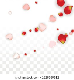 Vector Realistic Petals and Hearts Confetti. Flying Rose and Hearts on Transparent Background. Romantic Love Background. Spring Romance Banner. Illustration in Pink for Honeymoon Decoration.