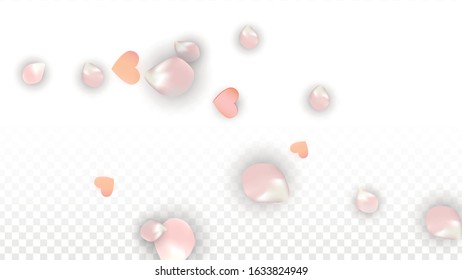 Vector Realistic Petals and Hearts Confetti. Flying Sakura and Hearts on Transparent Background. St. Valentine Day Background. Spring Romance Design. Vector Illustration for Amour Design.