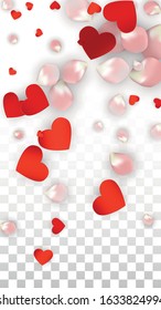 Vector Realistic Petals and Hearts Confetti. Flying Rose and Hearts on Transparent Background. St. Valentine Day Background. Spring Romance Frame. Illustration in Pink for Anniversary Decoration.