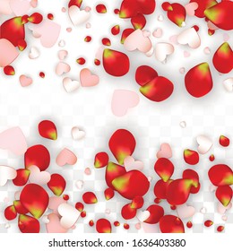 Vector Realistic Petals and Hearts Confetti. Flying Rose and Hearts on Transparent Background. St. Valentine Day Background. Spring Romance Frame. Illustration in Pink for Honeymoon Decoration.