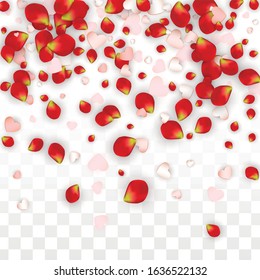 Vector Realistic Petals and Hearts Confetti. Flying Rose and Hearts on Transparent Background. Wedding Invitation Background. Spring Romance Flyer. Illustration in Pink for Honeymoon Decoration.