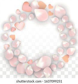Vector Realistic Petals and Hearts Confetti. Flying Sakura and Hearts on Transparent Background. 8 March Background. Spring Romance Card. Vector Illustration for Anniversary Design.