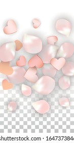 Vector Realistic Petals and Hearts Confetti. Flying Sakura and Hearts on Transparent Background. Women's Day Background. Spring Romance Flyer. Vector Illustration for Honeymoon Design.
