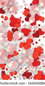 Confetti de Petales y Corazones Realistas Vectoriales. Rosa voladora y corazones sobre fondo transparente. Antecedentes de la invitación a bodas. Marco Romance de primavera. Ilustración en rosa para el diseño de propuestas.