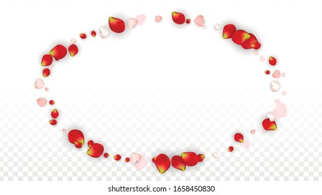 Vector Realistic Petals and Hearts Confetti. Flying Rose and Hearts on Transparent Background. Romantic Love Background. Spring Romance Design. Illustration in Pink for Honeymoon Decoration.