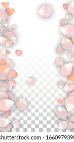 Vector Realistic Petals and Hearts Confetti. Flying Sakura and Hearts on Transparent Background. 8 March Background. Spring Romance Card. Vector Illustration for Amour Design.