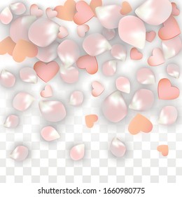 Vector Realistic Petals and Hearts Confetti. Flying Sakura and Hearts on Transparent Background. St. Valentine Day Background. Spring Romance Poster. Vector Illustration for Amour Design.