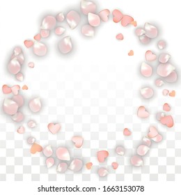 Vector Realistic Petals and Hearts Confetti. Flying Sakura and Hearts on Transparent Background. Women's Day Background. Spring Romance Card. Vector Illustration for Honeymoon Design.