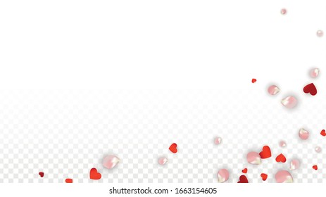 Vector Realistic Petals and Hearts Confetti. Flying Rose and Hearts on Transparent Background. Mother Day Background. Spring Romance Poster. Illustration in Pink for Amour Design.