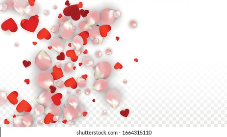 Vector Realistic Petals and Hearts Confetti. Flying Rose and Hearts on Transparent Background. St. Valentine Day Background. Spring Romance Frame. Illustration in Pink for Honeymoon Decoration.