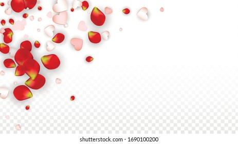 Vector Realistic Petals and Hearts Confetti. Flying Rose and Hearts on Transparent Background. St. Valentine Day Background. Spring Romance Poster. Illustration in Pink for Anniversary Decoration.