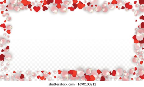Vector Realistic Petals and Hearts Confetti. Flying Rose and Hearts on Transparent Background. Women's Day Background. Spring Romance Flyer. Illustration in Pink for Amour Design.