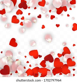 Vector Realistic Petals and Hearts Confetti. Flying Rose and Hearts on Transparent Background. 8 March Background. Spring Romance Border. Illustration in Pink for Honeymoon Decoration.