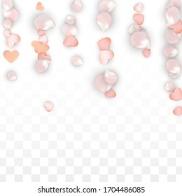 Vector Realistic Petals and Hearts Confetti. Flying Sakura and Hearts on Transparent Background. St. Valentine Day Background. Spring Romance Design. Vector Illustration for Anniversary Design.