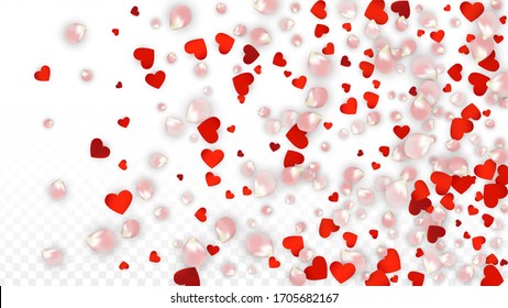 Vector Realistic Petals and Hearts Confetti. Flying Rose and Hearts on Transparent Background. St. Valentine Day Background. Spring Romance Banner. Illustration in Pink for Proposal Design.