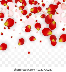 Vector Realistic Petals and Hearts Confetti. Flying Rose and Hearts on Transparent Background. Romantic Love Background. Spring Romance Design. Illustration in Pink for Anniversary Decoration.