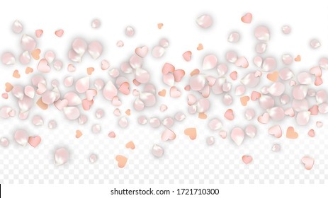 Vektorrealistische Petals und Herzklopfen Confetti. Fliegender Sakura und Herz auf transparentem Hintergrund. St. Valentinstag-Hintergrund. Frühlingsromane Grenze. Vektorgrafik für Vorschlagsentwurf.