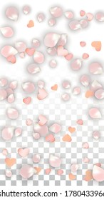 Vector Realistic Petals and Hearts Confetti. Flying Sakura and Hearts on Transparent Background. Wedding Invitation Background. Spring Romance Poster. Vector Illustration for Amour Design.