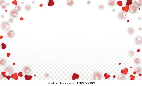 Vector Realistic Petals and Hearts Confetti. Flying Rose and Hearts on Transparent Background. Women's Day Background. Spring Romance Banner. Illustration in Pink for Amour Design.