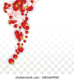 Vector Realistic Petals and Hearts Confetti. Flying Rose and Hearts on Transparent Background. Women's Day Background. Spring Romance Design. Illustration in Pink for Proposal Design.