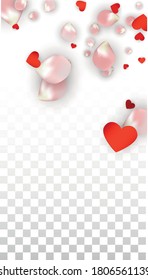 Vector Realistic Petals and Hearts Confetti. Flying Rose and Hearts on Transparent Background. St. Valentine Day Background. Spring Romance Poster. Illustration in Pink for Anniversary Decoration.