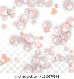 Vector Realistic Petals and Hearts Confetti. Flying Sakura and Hearts on Transparent Background. Mother Day Background. Spring Romance Border. Vector Illustration for Amour Design.