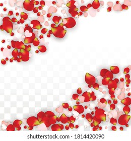 Vector Realistic Petals and Hearts Confetti. Flying Rose and Hearts on Transparent Background. St. Valentine Day Background. Spring Romance Poster. Illustration in Pink for Proposal Design.