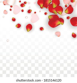 Vector Realistic Petals and Hearts Confetti. Flying Rose and Hearts on Transparent Background. Women's Day Background. Spring Romance Banner. Illustration in Pink for Honeymoon Decoration.