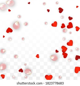 Vector Realistic Petals and Hearts Confetti. Flying Rose and Hearts on Transparent Background. Women's Day Background. Spring Romance Card. Illustration in Pink for Amour Design.