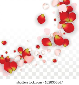 Vector Realistic Petals and Hearts Confetti. Flying Rose and Hearts on Transparent Background. Wedding Invitation Background. Spring Romance Border. Illustration in Pink for Honeymoon Decoration.