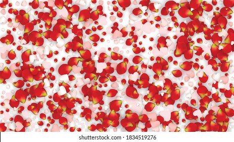 Vector Realistic Petals and Hearts Confetti. Flying Rose and Hearts on Transparent Background. Wedding Invitation Background. Spring Romance Banner. Illustration in Pink for Proposal Design.