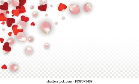 Vector Realistic Petals and Hearts Confetti. Flying Rose and Hearts on Transparent Background. Women's Day Background. Spring Romance Flyer. Illustration in Pink for Honeymoon Decoration.