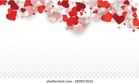 Vector Realistic Petals and Hearts Confetti. Flying Rose and Hearts on Transparent Background. St. Valentine Day Background. Spring Romance Poster. Illustration in Pink for Anniversary Decoration.