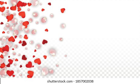 Vector Realistic Petals and Hearts Confetti. Flying Rose and Hearts on Transparent Background. St. Valentine Day Background. Spring Romance Poster. Illustration in Pink for Amour Design.