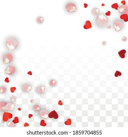 Vector Realistic Petals and Hearts Confetti. Flying Rose and Hearts on Transparent Background. Wedding Invitation Background. Spring Romance Frame. Illustration in Pink for Anniversary Decoration.