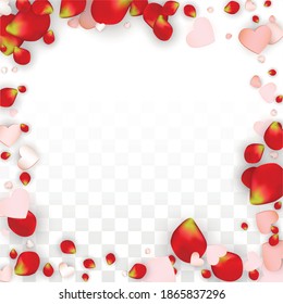 Vector Realistic Petals and Hearts Confetti. Flying Rose and Hearts on Transparent Background. Wedding Invitation Background. Spring Romance Frame. Illustration in Pink for Anniversary Decoration.